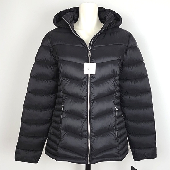 NWT DKNY Women's Black Puffer Hooded Jacket Water Resistant Packable Size L - Picture 3 of 16